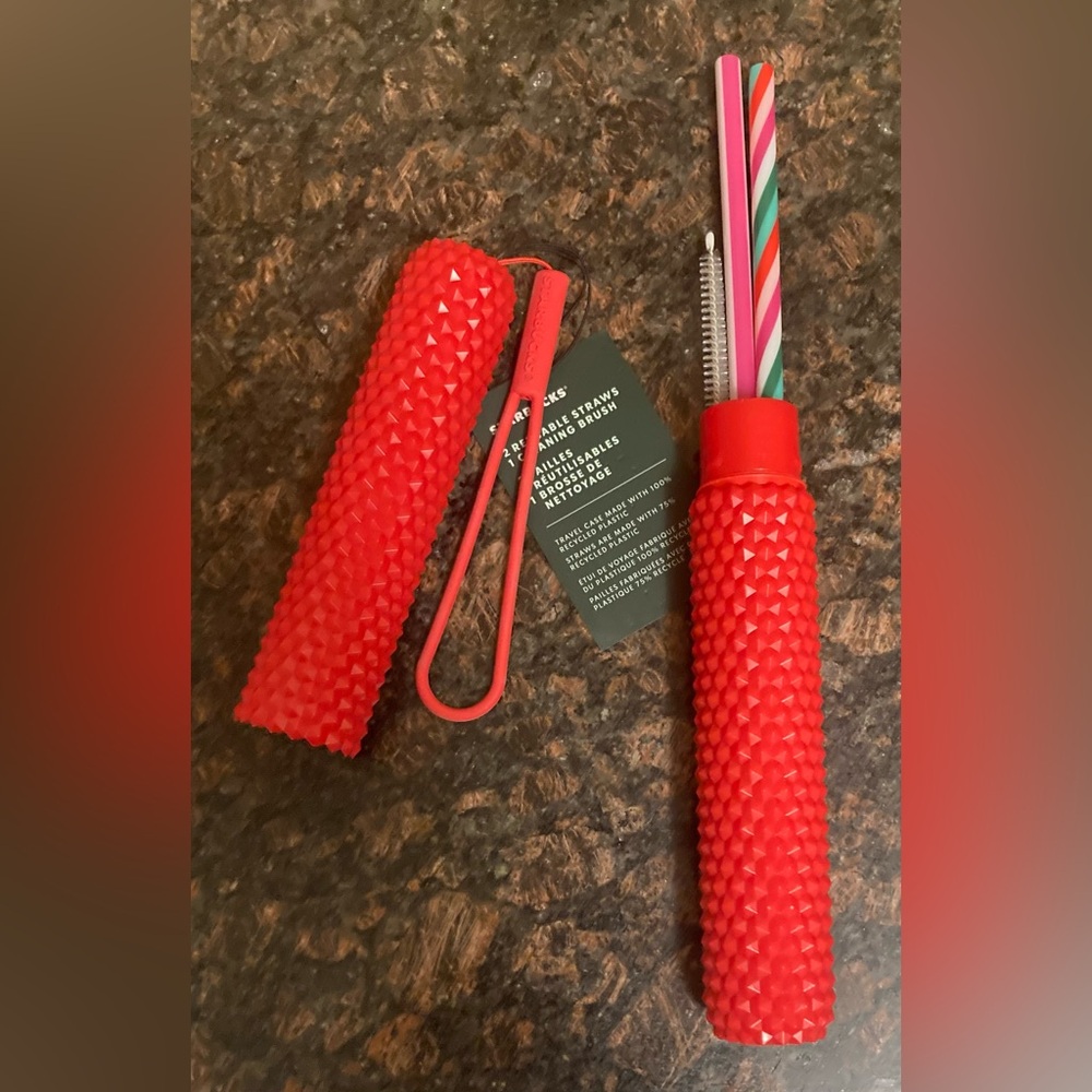Starbucks Red Studded Silicone Reusable Straw Travel Set
